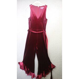 Betsy Johnson Burgundy Velvet V Neck Jumpsuit-Size 2-Wide Leg-Ruffle-Whimsigoth